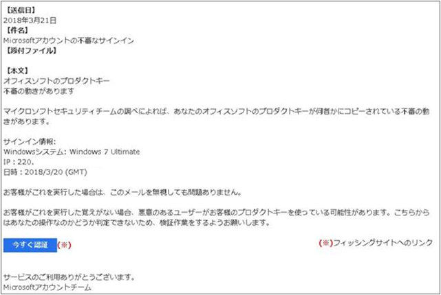 件名：Microsoftアカウントの不審なサインイン　本文：オフィスソフトのプロダクトキー　不審の動きがあります　マイクロソフトセキュリティチームの調べによれば、あなたのオフィスソフトのプロダクトキーが何者かにコピーされている不審の動きがあります。