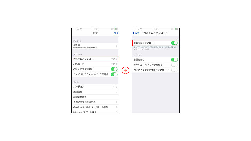 カメラロールのバックアップをオンにする