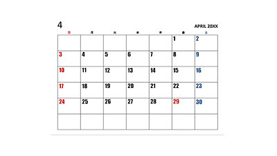 4月のシンプルな月間カレンダーです。日付が格子状に配置され、日曜日と祝日は赤色で、一部の土曜日は青色で表示されています。