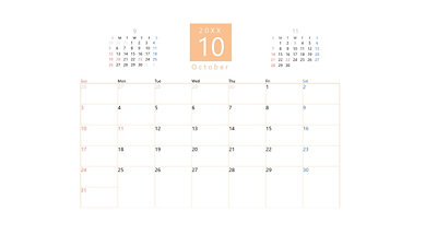 10月のミニマルな月間カレンダーのページ。中央上部に大きなオレンジ色の「10」が配置され、その下には日付を示す薄いグリッドが描かれています。