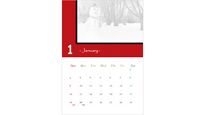 赤いヘッダー帯、大きな「1」と「January」の文字、上部に淡い色調の冬の風景のフレーム、そして下部に月間カレンダーのグリッドを配した、縦型の1月カレンダー。