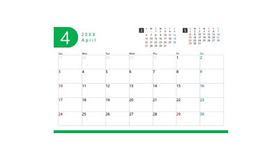 緑のアクセント、2つの小さな月表示、すっきりした月間グリッドを備えた4月の卓上カレンダーレイアウト。