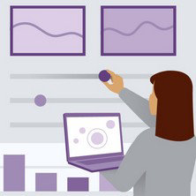 ノートパソコンとグラフのあるダッシュボードでデータ視覚化を調整する人物のイラスト。