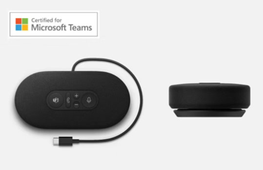 マイクロソフトモダンUSB-Cスピーカーの上面図と側面図 ラベルを持つ certified for Microsoft Teams with Microsoft ロゴ
