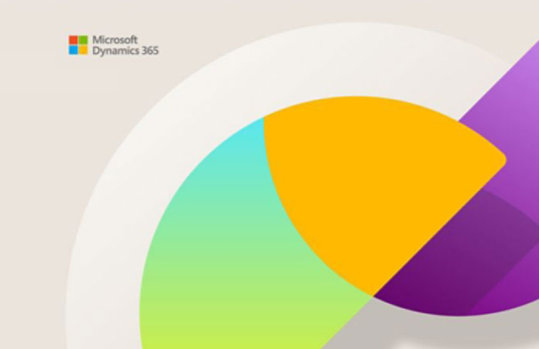 Geometrische Formen auf beigem Hintergrund. Links oben Microsoft Dynamics 365 Logo. Die Formen sind in grün, orange,  und lila Tönen gehalten