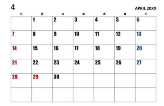 20XX 年 4 月を表すカレンダー テンプレートの例