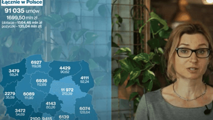 Kobieta wypowiada się patrząc na oglądającego zdjęcie, obok niej animacja mapy Polski z liczbami 