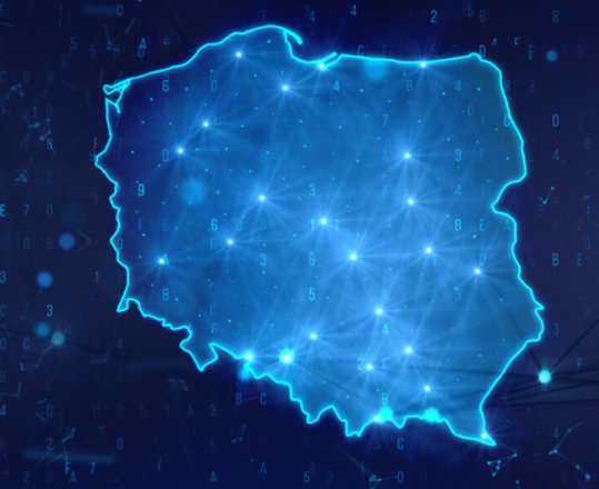 cyfrowa mapa polski na niebieskim tle