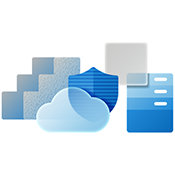 ilustração de nuvem, escudo, centro de dados e formas geométricas nas cores azul e cinza