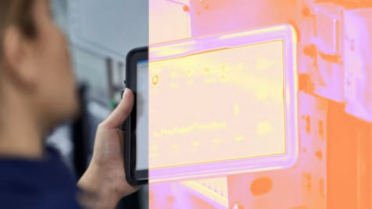 左側に電気パネルの前でタブレットを持つ人物、右側に同じ場面を赤外線サーマルビジョンで捉えた分割表示。紫・オレンジ・黄色のトーンで熱分布が映し出されています。