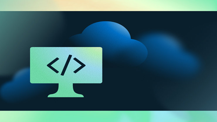  緑のグラデーション背景と濃い青の雲を背にコード記号（</>）を表示するモニターのイラスト。