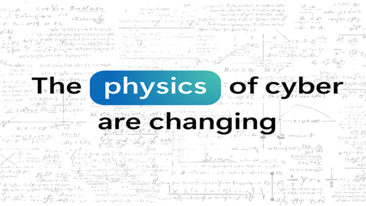 数式がうっすら描かれた背景の上に「The physics of cyber are changing」と表示され、「physics」が青い丸みのあるラベルで強調されている。