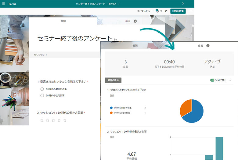 Microsoft Forms のアンケート入力画面と回答結果画面