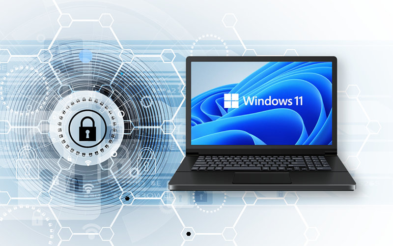 Windows 11 がインストールされたノート PC とセキュリティのイメージ