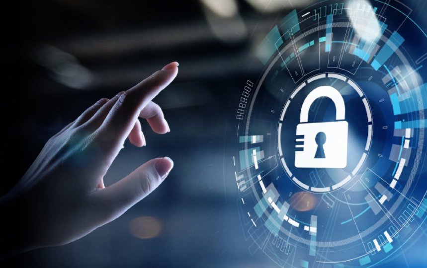 hand pointing towards a holographic image that is circle with a lock in it in blue