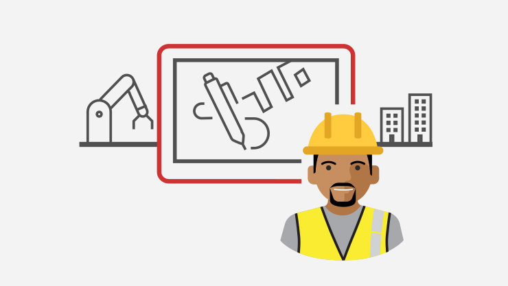 Construction male avatar using Surface to review floor plans or take notes outside of the worksite