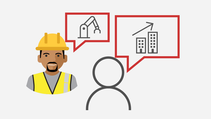 Construction male avatar interacting with a client on the progress of the construction with the help Dynamics 365 and able to communicate well with them