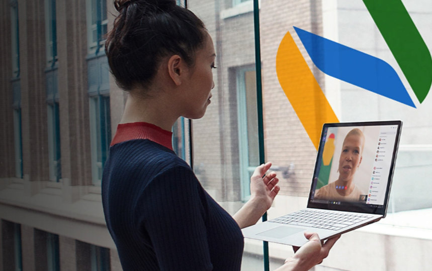 Female employee working remotely and in a meeting using Microsoft Teams