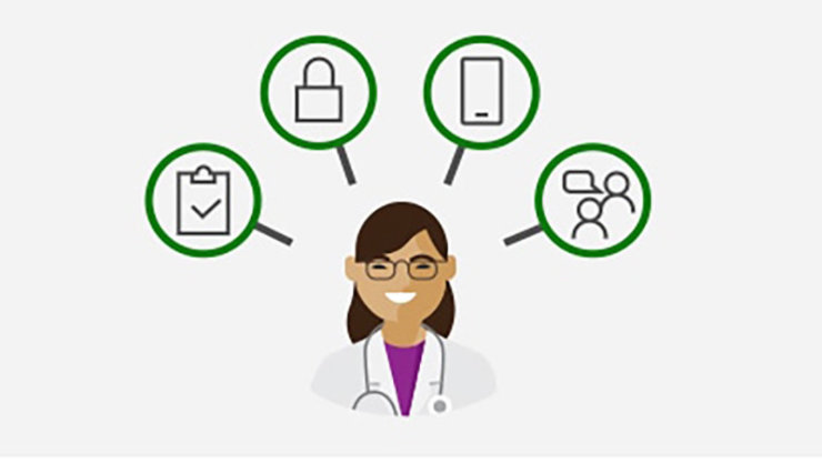 Healthcare female avatar is able to ensure business processes are compliant with complex regulations with Windows 10