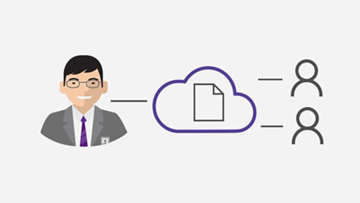 Professional services male avatar sharing a secured document with her team through Microsoft Azure