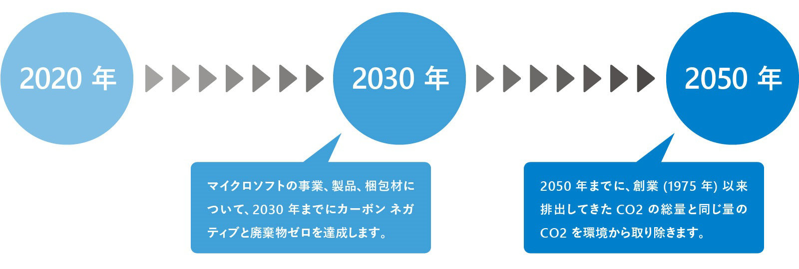 マイクロソフトの 2020 年から 2050 年にかけての地球環境保全および保護の公約の図
