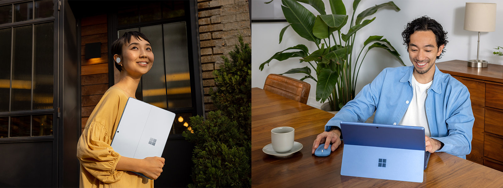 屋外でタブレットを持つ女性と、屋内でノートパソコンとマウスを使う男性。