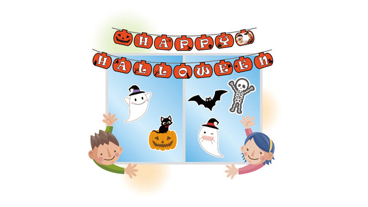 ハロウィンパーティーの装飾(吊り下げ式の部屋の装飾と窓のシール)