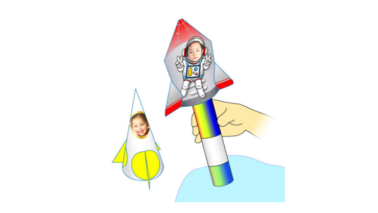 空中を飛ぶロケットのカラフルなテンプレート