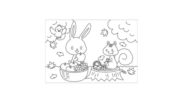 果物やナッツを食べるウサギとリスを描いた塗り絵テンプレート