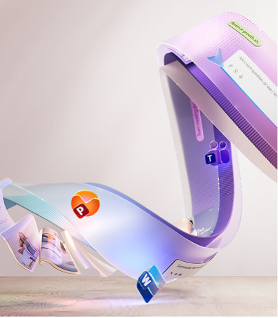 Abstrakte, geschwungene Bänder in Rosa-, Lila- und Beigetönen mit digitalen Interface-Elementen, darunter ein Microsoft Teams-Logo, ein Plus-Symbol, Textfelder und ein kleines Bildausschnitt mit Personen. Das Design vermittelt ein modernes, dynamisches, technologieorientiertes Konzept.