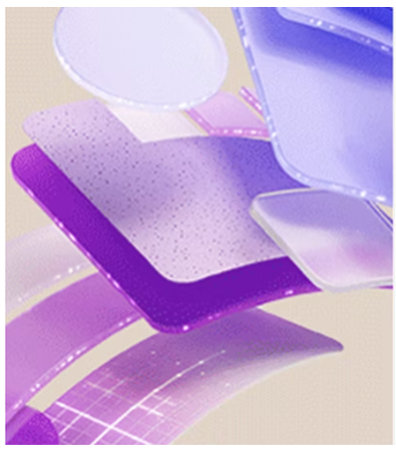 Mehrere übereinanderliegende, halbtransparente geometrische Formen in Lila- und Violetttönen auf hellem Hintergrund.