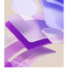 Abstrakte 3D-Illustration mit schwebenden, halbtransparenten und violetten geometrischen Formen auf hellem Hintergrund.