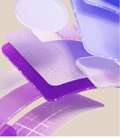 Abstrakte 3D-Illustration mit schwebenden, halbtransparenten und violetten geometrischen Formen auf hellem Hintergrund.