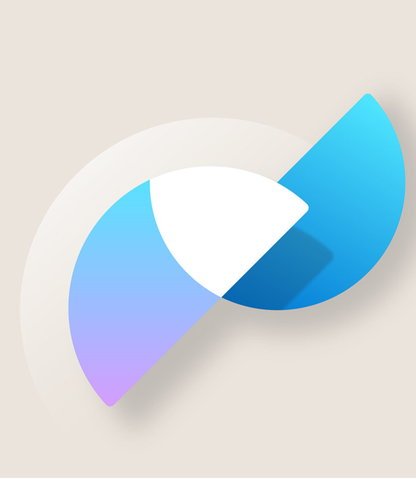 Abstraktes Microsoft-Design mit überlappenden blauen und weißen Formen auf hellem Hintergrund.