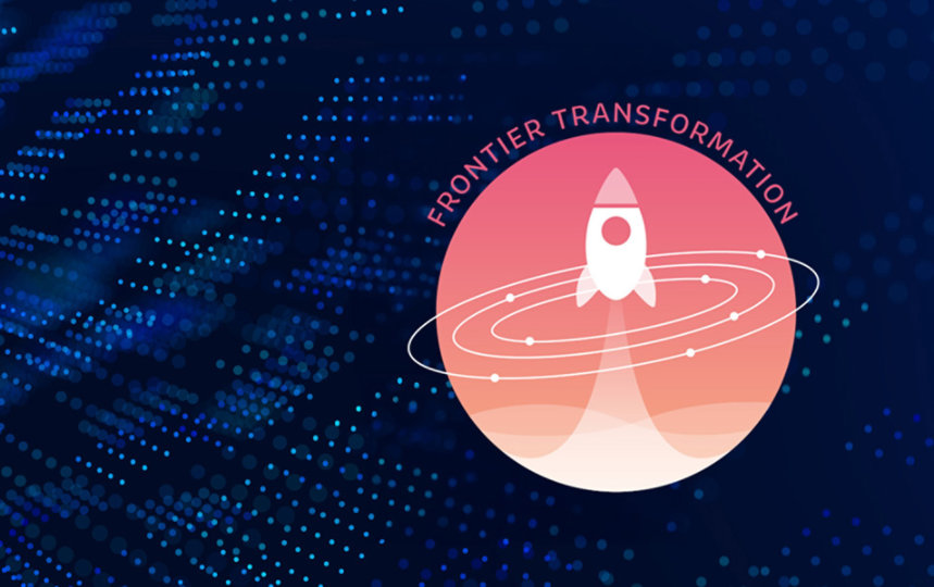 青いデジタルパターンを背景に、軌道線に囲まれたロケットと FRONTIER TRANSFORMATION の文字