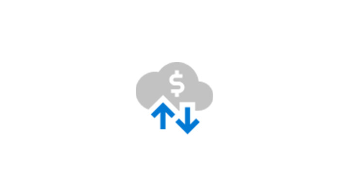 2 blue arrows pointing in and out of a gray cloud with a white dollar sign