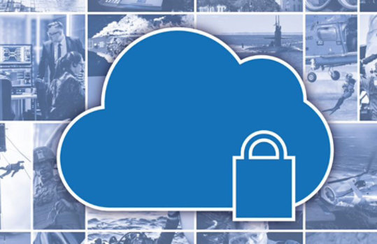 blue and white collage of defense community images with a secure cloud icon in the center