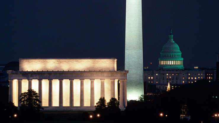 DC Mall from the Lincoln Memorial to the Washington Memorial and Capitol Dome at night