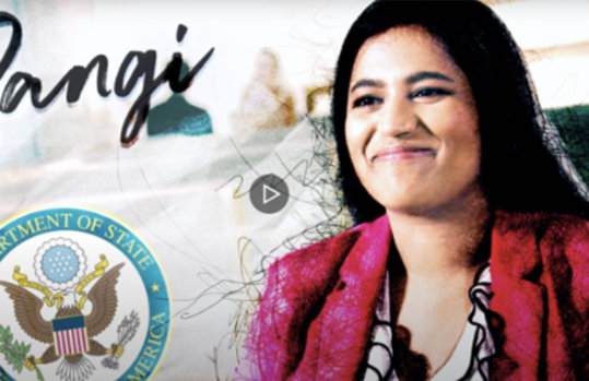 Sangi Ranadeeve with her signature and the Department of State and a play button icon in the center on image