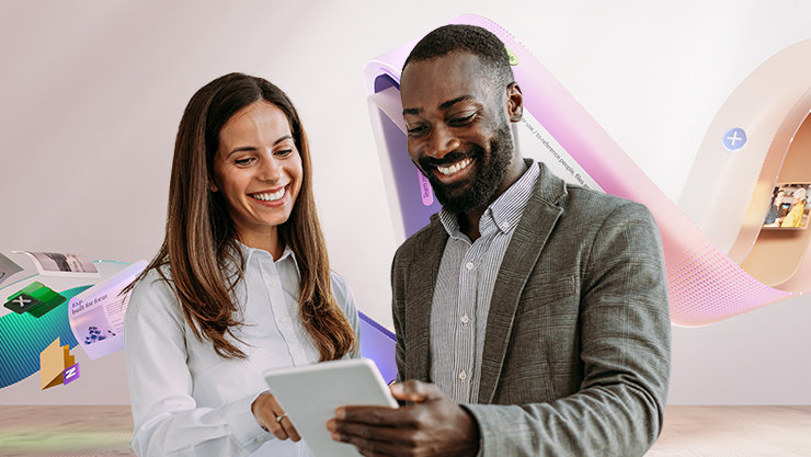 Eine Frau und ein Mann stehen nebeneinander und betrachten gemeinsam ein Tablet. Im Hintergrund sind farbige, dynamische Grafikelemente und digitale Inhalte zu sehen, die eine moderne, technologieorientierte Umgebung darstellen.