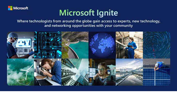 "Microsoft Ignite" 제목과 파란색 배경에 Microsoft 로고가 있는 "Where technologists from around the globe gain access to experts, new technology, and networking opportunities with your community" 텍스트로 축소