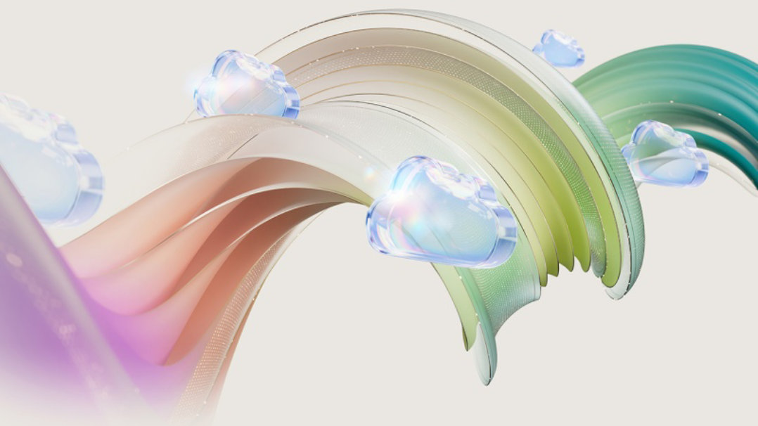 Abstract, flowing ribbon‑like shapes in soft gradient colors with floating cloud icons on a light background, representing cloud technology and digital connectivity.