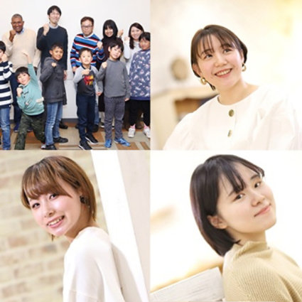 応援する親子のグループと、3人の若い女性の個別のポートレート