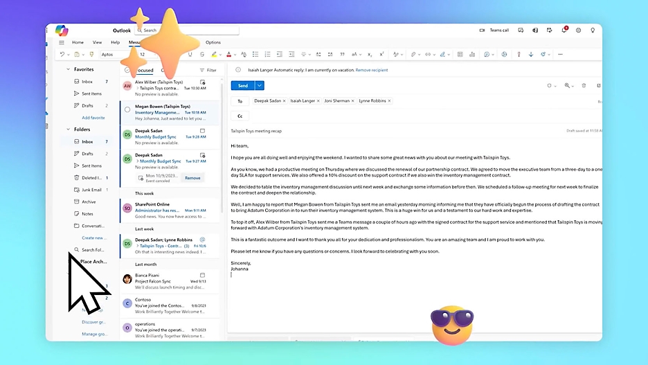 為 Outlook 打開一個視窗，上面有一封電子郵件和一個笑臉。