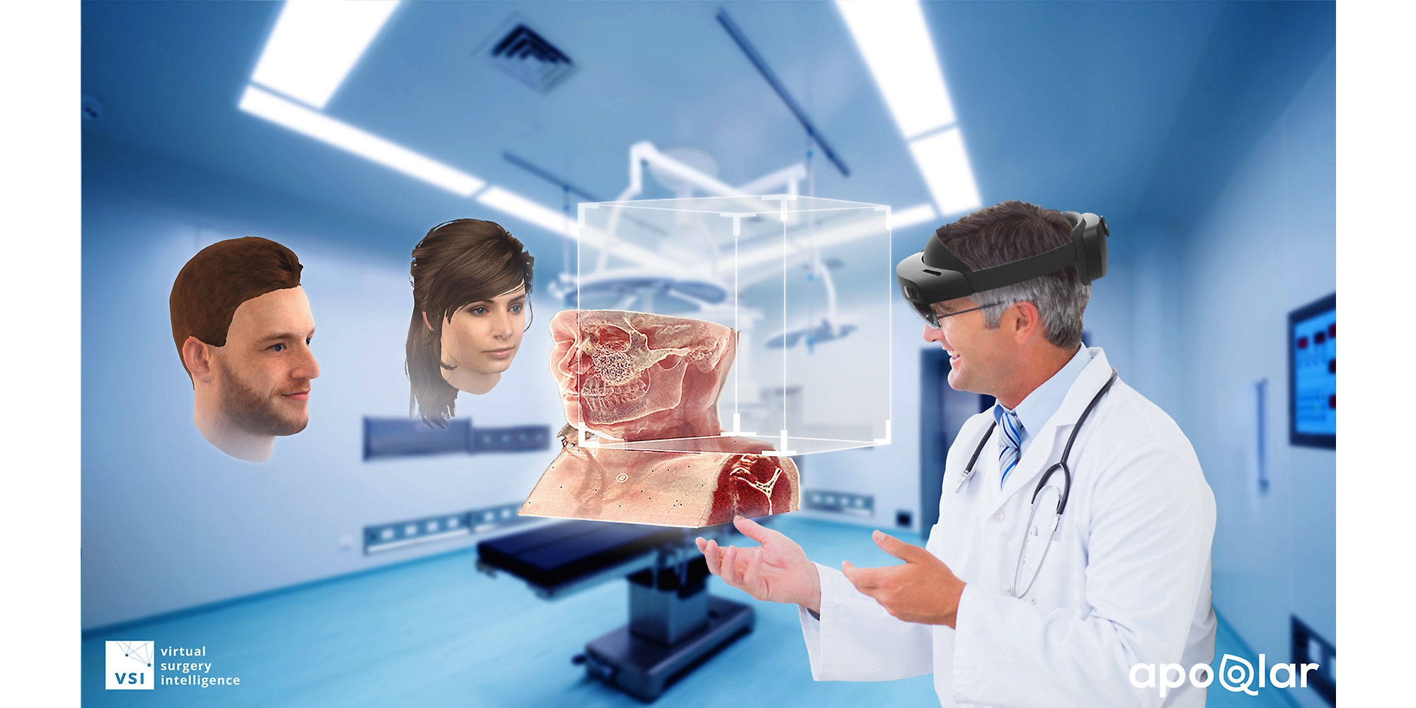 A doctor using a HoloLens 2 device to view a medical diagram and speak with two other people in mixed reality.