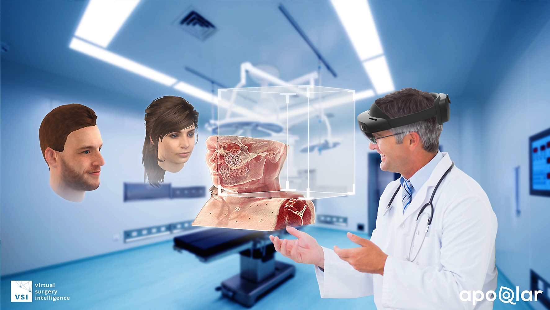 A doctor using a HoloLens 2 device to view a medical diagram and speak with two other people in mixed reality.