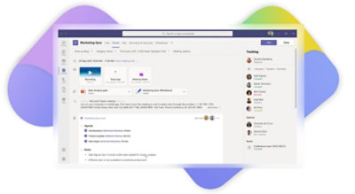 Detaljerne for et marketingsynkroniseringsmøde i Teams, der viser en udfyldt dagsorden og noter, en PowerPoint-præsentation og et Whiteboard fra mødet.