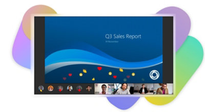 En salgsrapport for 3. kvartal præsenteres i et Teams-møde, og deltagerne bruger reaktioner til at vise begejstring.