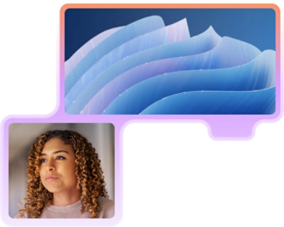 右上にある青とピンクの組み合わせの 3D レイヤー画像と、左下にある女の子の画像