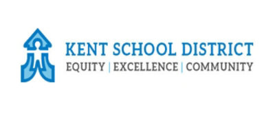 Logo of Kent School District featuring a stylized blue rocket house icon next to the words "Equity Excellence Community".